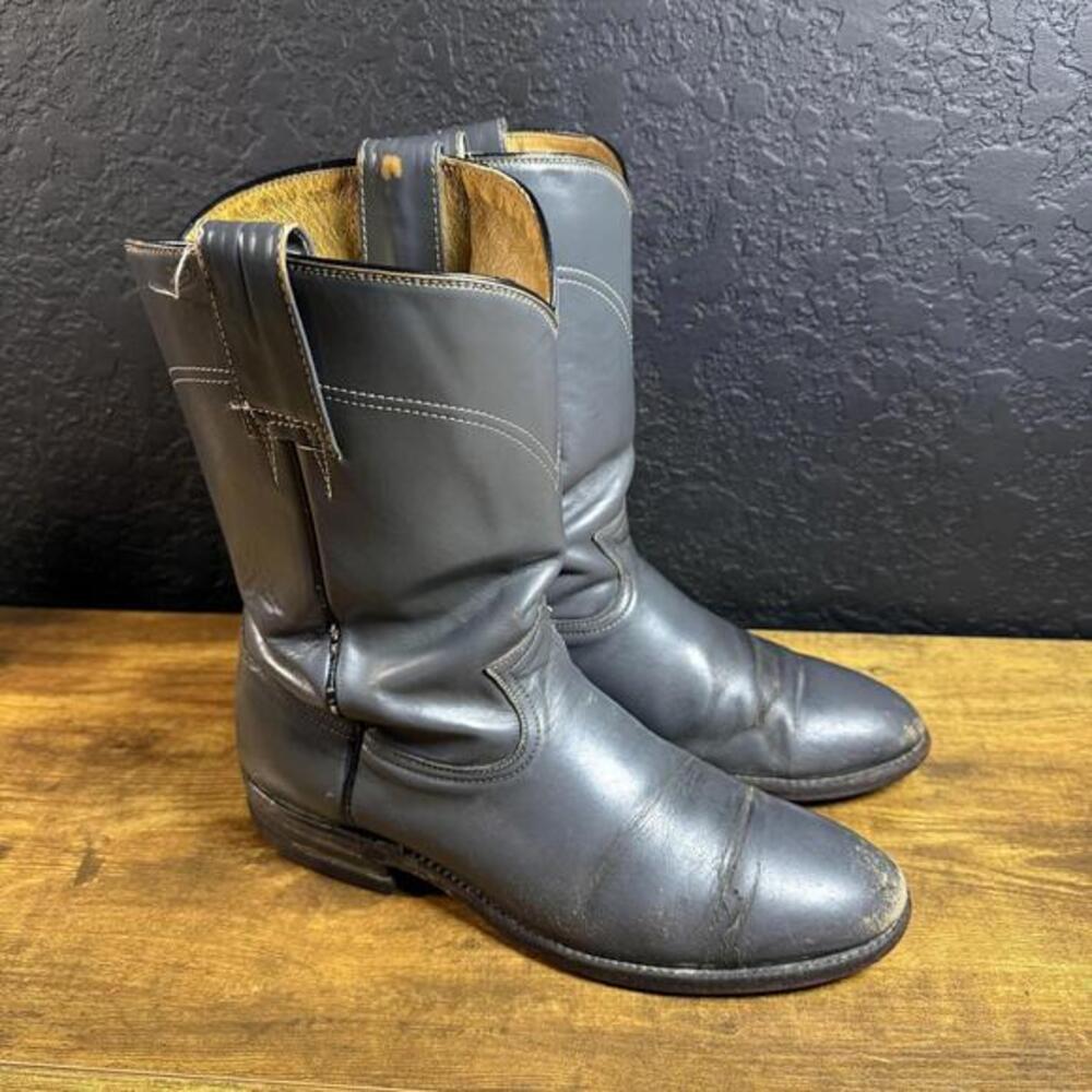 Circle Y 812 Grey Leather Western Roper Cowboy Boots‎ Mens 9D